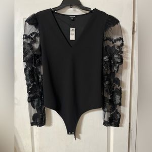 Express black body suit with long sheer lace sleeves